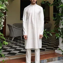 PATR Men Ethnic Motifs Embroidered Thread Work Mandarin Collar Cotton Straight Kurta-picture-20