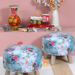 Shadowkart Set Of 2 Blue & Pink Printed Wooden Velvet Ottomans-18