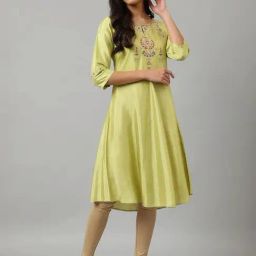 W Green Embroidered A Line Kurta-image-108