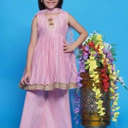 Little Bansi Kids Pink Embroidered Kurta, Plazzos with Dupatta-image-52