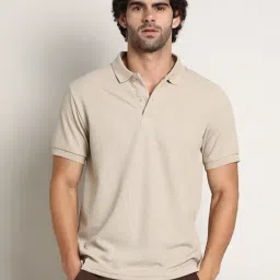 Campus Sutra Beige Regular Fit Self Pattern Polo T-Shirt-picture-38
