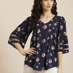 Qurvii Navy Floral Print Top-image-31