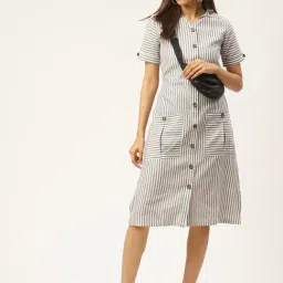 Cottinfab Off White & Grey Cotton Striped Shirt Dress-22