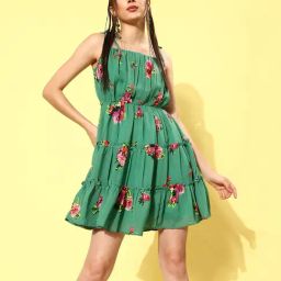 Rare Green Floral Print A Line Dress-image-84