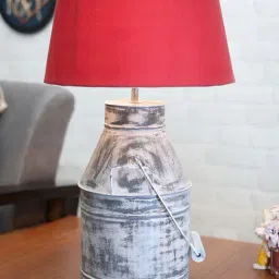 Homesake Rustic Milk Churn Can White Metal Table Lamp with Maroon Drum Shade-14