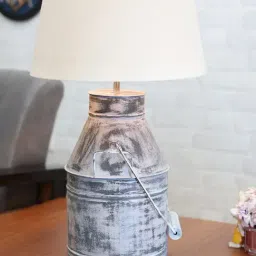 Homesake Rustic Milk Churn Can White Metal Table Lamp with Khadi Drum Shade-34