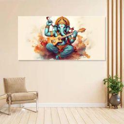 Nestroots Canvas Ganesha Jamming With Joyful Strings Wall Painting - White Floating Frame-18