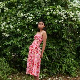 Khajoor Studio Pink Sundaze Le Blush Fleur Midi Smocked Skirt-image-43