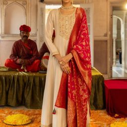 Fashor Cream Embroidered A Line Kurta With Dupatta image 1