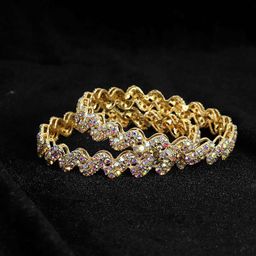 ZULKA Set Of 2 Gold-Plated Zig-Zag Design Artificial Stones and Beads Bangles-image-79