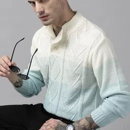 The Roadster Lifestyle Co. Men Blue & Cream-Coloured Cable Knit Pullover-image-26