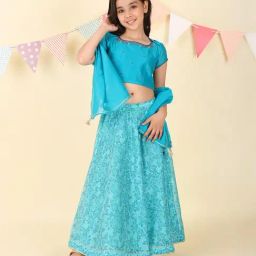 Fabindia Girls Blue Cotton Silk Hand Block Printed 3Pc Lehenga Set-image-32