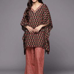 Libas Black & Maroon Cotton Printed Kaftan and Pyjamas Set image 1