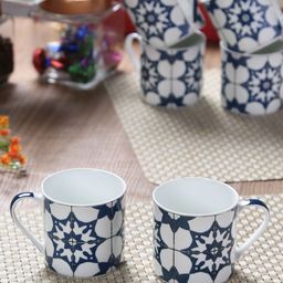 GOODHOMES White & Blue 6-Pieces Printed Bone China Cups Set-52