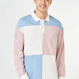 People By Pantaloons Barely Pink Cotton Relaxed Fit Colour Block Polo T-Shirt-image-90