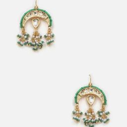 Dugran By Dugristyle Green Cream and Gold Drop Earrings with Kundan & Pearls-image-5