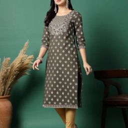 RAMAS Grey Embroidered Straight Kurta-image-36
