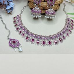 VATSALYA creation Alloy Silver Pink Jewellery Set-image-8