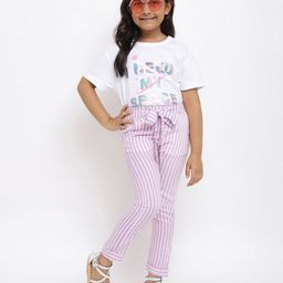Tales & Stories Full Length Bar Striped Trouser With Front Tie Up - Purple-image-79
