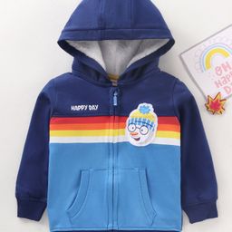 Babyhug Full Sleeves Cut & Sew Hooded Sweat Jacket With Print & Applique - Navy Blue-image-91