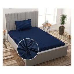 Filymore plain solid Stripe  single bedsheet with one pillow cover made with pure microfiber bedsheet size 90x60 pillow size 17x27 colour navy blue-23
