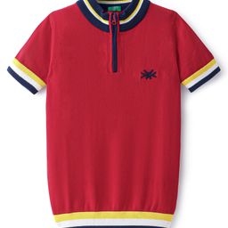 UCB Half Sleeves Mock Neck Tricot Sweater With Multi Rib And Zip - Red-image-73