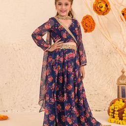 Pspeaches Full Sleeves Floral Printed & Mirror Work Embellished Angrakha Style Choli With Coordination Lehenga & Dupatta - Navy Blue-image-73