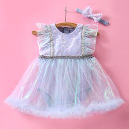 Mark & Mia Sleeveless Frock Style Party Onesie with Headband Sequin & Frill Detailing  - Blue-image-72
