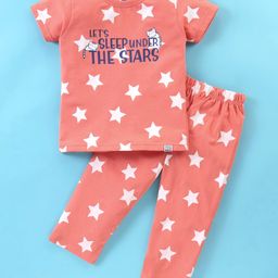 Teddy Sinker Knit Half Sleeves Night Suit With Star Print - Red-picture-28