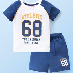 Babyhug Single Jersey Knit Half Sleeves T-Shirt & Shorts Set With Numeric Print - White & Blue-picture-2