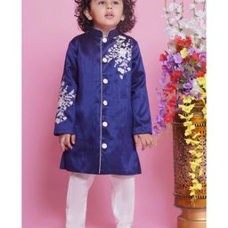 Little Bansi Full Sleeves Floral Embroidered Kurta And Pyjama Set - Royal Blue-image-26