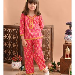 Superminis Cotton Three Fourth Sleeves Ethnic Motif Printed Top And Printed Pant Clothing Set - Pink-image-26