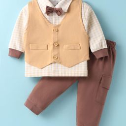 Child World Cotton Knit Full Sleeves Checkered 3 Piece Party Suit with Bow - Brown-image-91