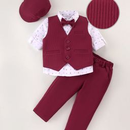 Mark & Mia Full Sleeves Printed 3 Piece Party Suit with Bow & Hat - Maroon-image-62
