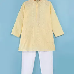 Robo Fry Cotton Woven Full Sleeves Embroidered Kurta Pyjama Set - Yellow-image-5