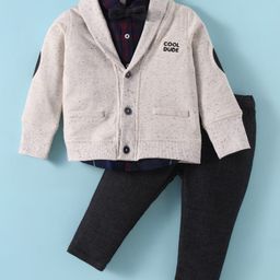 ToffyHouse Poplin Woven Full Sleeves Winter Wear Checkered Shirt & Trouser Set With Sweater & Bow Applique - Off White-image-96