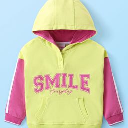 Babyhug Cotton Knit Full Sleeves Drop Shoulder Hooded Sweatshirt With Text Print & Kangaroo Pockets - Limegreen & Pink-image-20