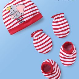 Babyoye Disney Interlock Knit Cap Mittens & Booties Set with Dumbo Graphic & Stripes White - Diameter 9.5 cm-11
