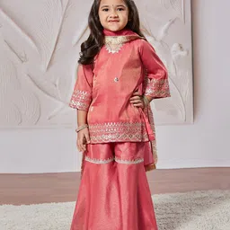 Vastramay Tissue Three Fourth Sleeves Sequins & Lace Embellished Kurta Sharara With Dupatta Set - Rose Pink-picture-31