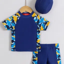 Babyhug Half Raglan Sleeves Two Piece Swimsuit With Dino Print & Swimming Cap - Navy Blue-picture-45
