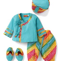 Exclusive from Jaipur Cotton Woven Full Sleeves Striped Kurta Dhoti Set with Mojari & Cap - Light Blue-image-87