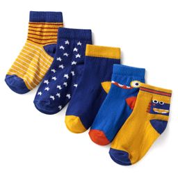 Cute Walk By Babyhug Anti-Bacterial Ankle Length Socks with Stripes & Star Design Pack of 5 - Navy Blue & Yellow-image-67