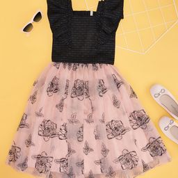 Pantaloons Junior Sleeveless Foil Stripped Top With Floral Printed Skirt -Black-image-25