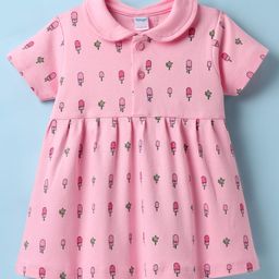 Tango Interlock Knit Half Sleeves Peter Pan Collar Frock with Candy Print - Pink-picture-0