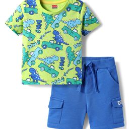 Babyhug Single Jersey Knit Half Sleeves T-Shirt & Shorts Set With Dino & Car Print - Green & Blue-image-47