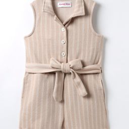 Kookie Kids Knit Sleeveless Striped Front Open Jumpsuit - Beige-image-2