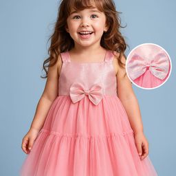 Babyhug Woven Sleeveless Mesh Party Dress With Bow Applique - Peach-image-82