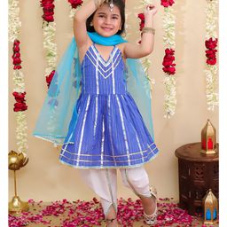 BownBee Pure Cotton Woven Sleeveless Foil Striped & Gota Lace Embellished Kurti Dhoti & Dupatta Set - Blue-image-3