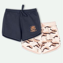Ariel Cotton Knit Pack Of 2 Super Girl Text & Whales Printed Shorts - Navy Blue & Peach-image-40