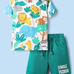 Babyhug Single Jersey Knit Half Sleeves T-Shirt & Shorts Set with Jungle Theme Print - Mint-picture-8